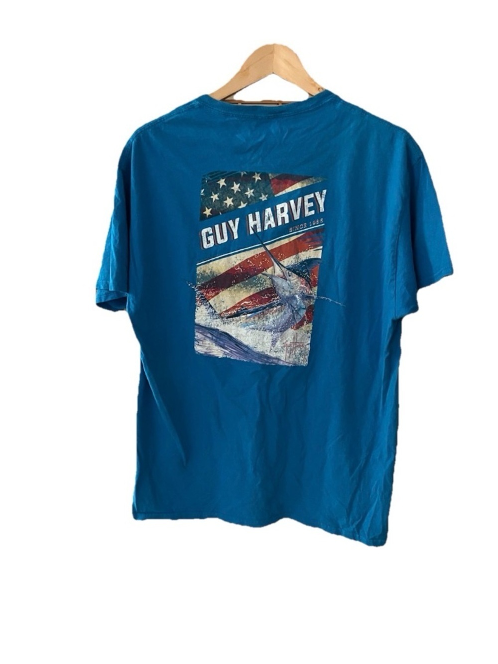 Guy Harvey Swordfish Flag T shirt Mens Large Blue Patriotic USA Fishing Marlin